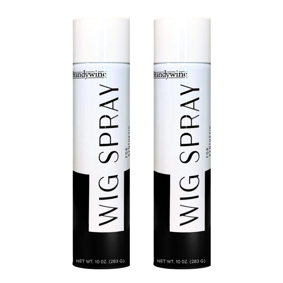 Brandywine Wig Spray closeup shows the aerosol can delivering a fine mist for easy styling.