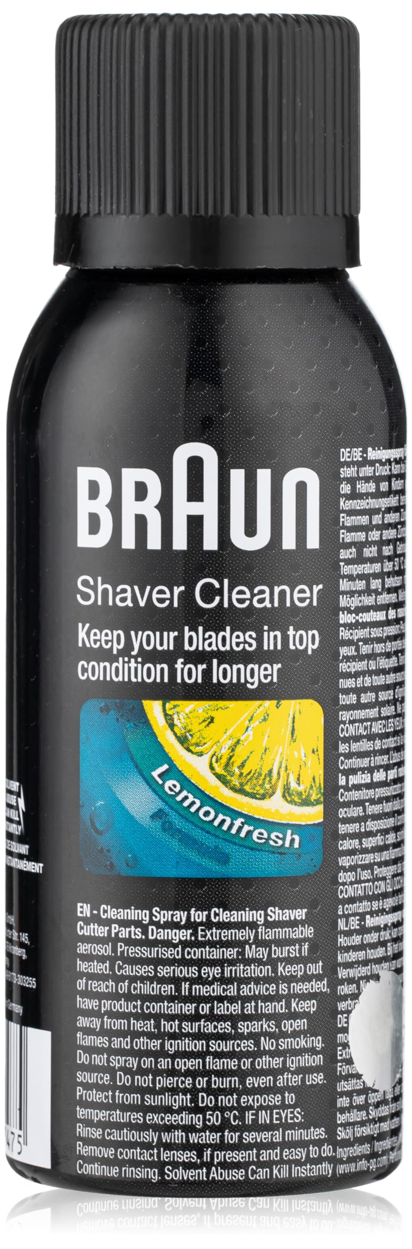 Braun 5002724 shaver cleaner spray cleans and lubricates shaver cutters for smoother performance.
