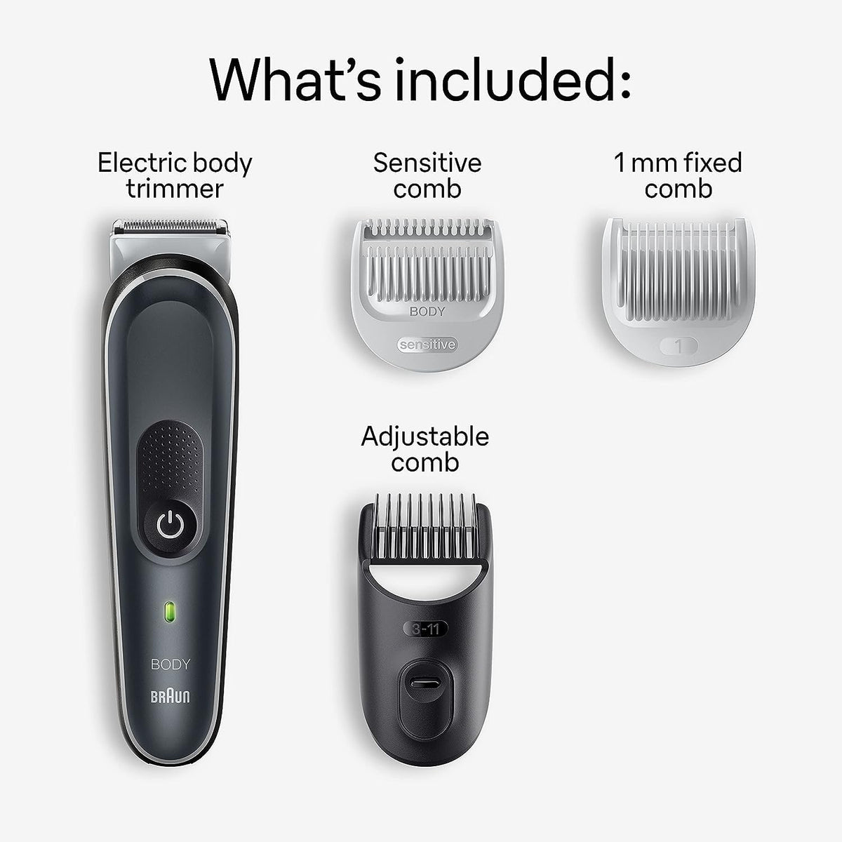 Braun Body Groomer 5 Sensitive Comb prevents blade contact for gentler passes.