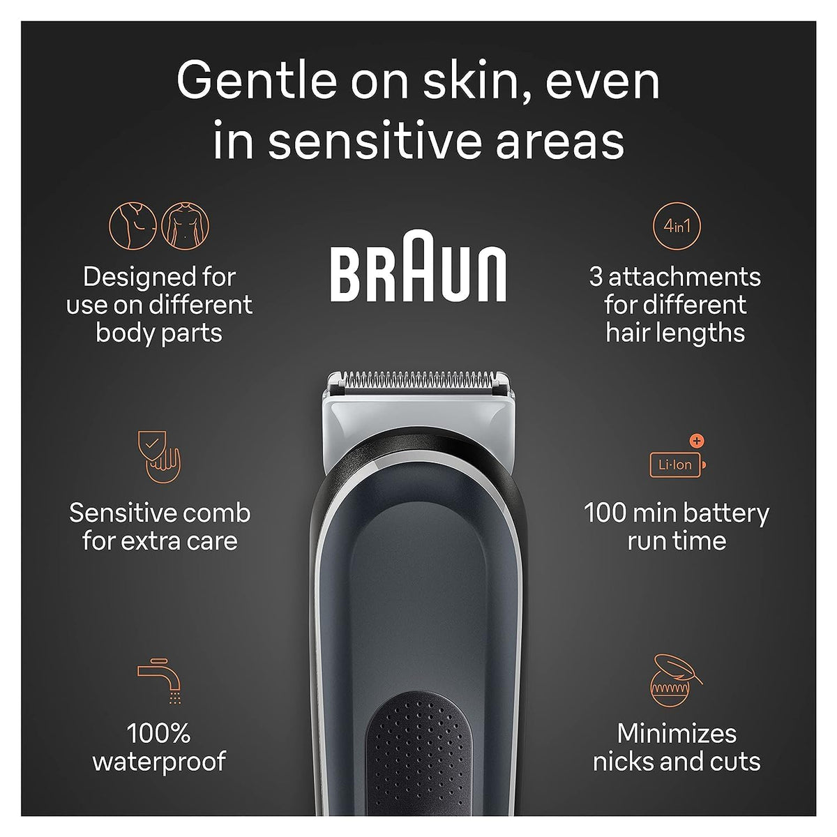 Braun Body Groomer 5 wide-cutting-area captures more hair per stroke.