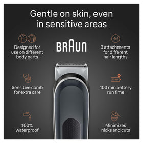 Braun Body Groomer 5 wide-cutting-area captures more hair per stroke.