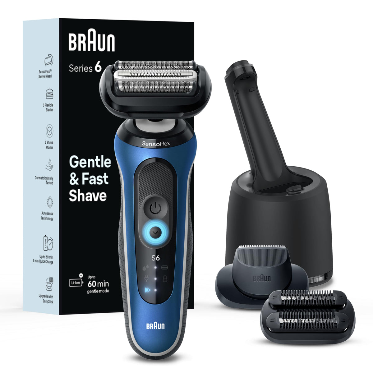 Braun Series 6 6177cc shaver with SensoFlex head for gentle closeness on sensitive skin.