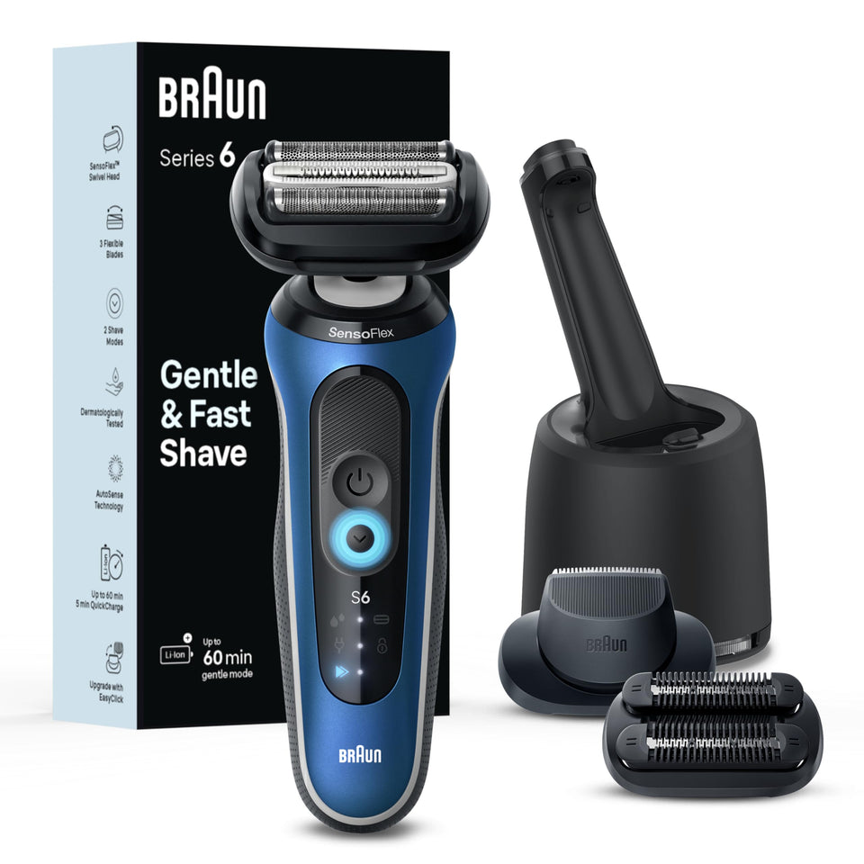 Braun Series 6 6177cc shaver with SensoFlex head for gentle closeness on sensitive skin.
