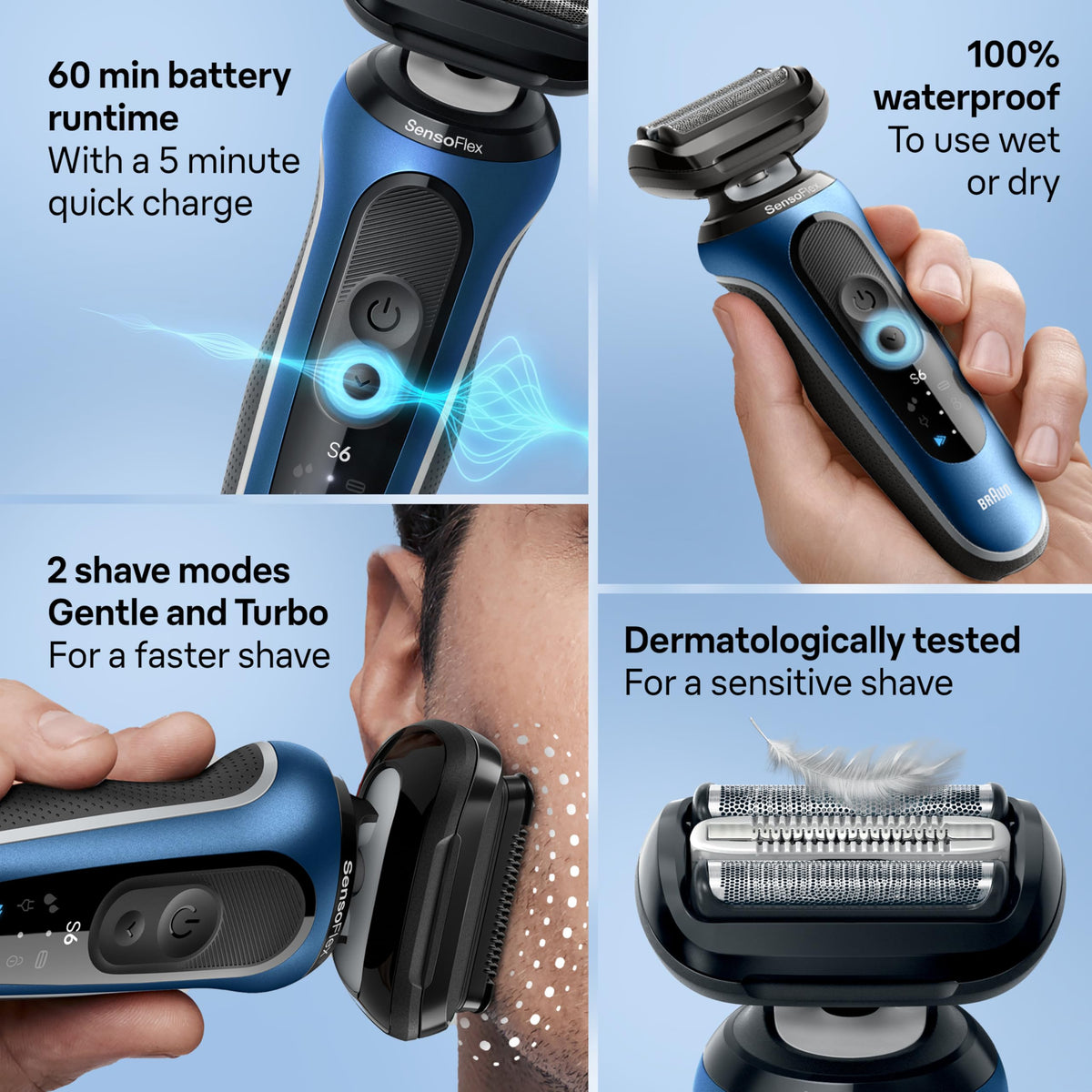 Braun Series 6 6177cc shaver in Turbo mode for faster shaving.