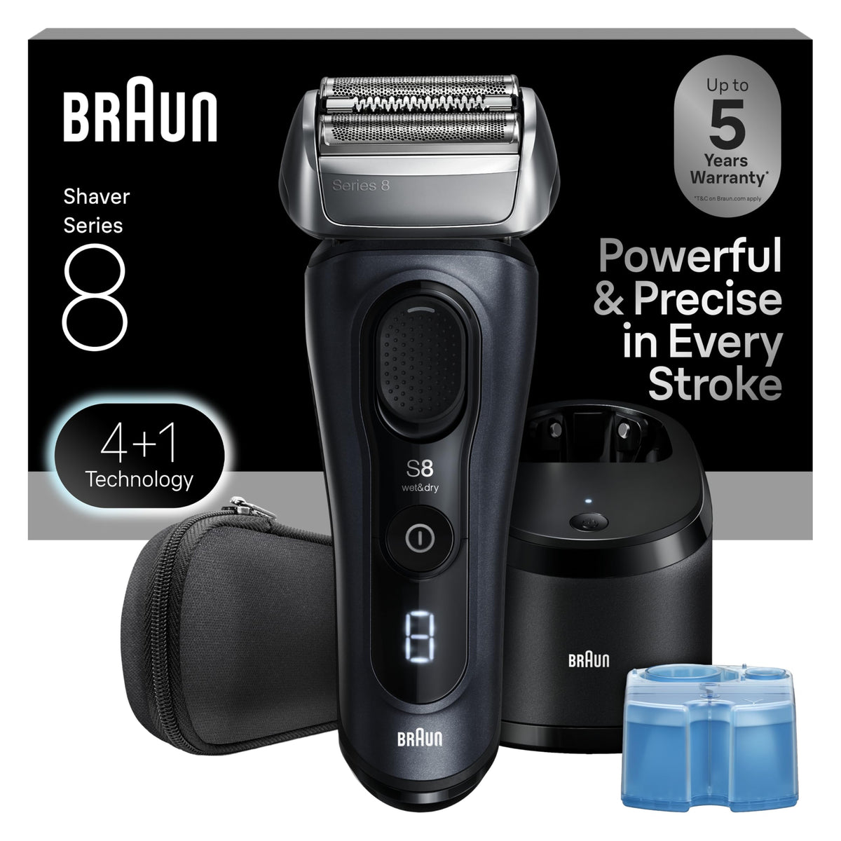 Braun Series 8 8560cc razor close-up showing precision blades for a smooth daily shave.