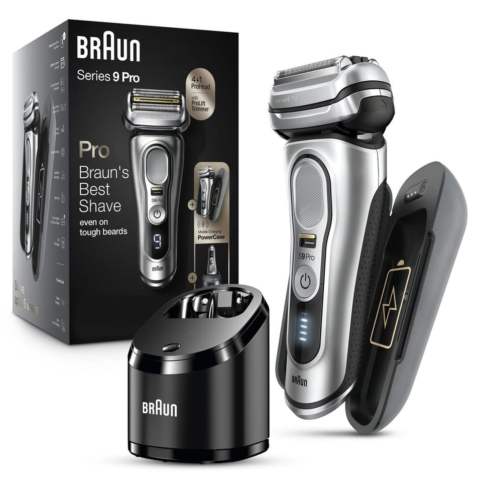 Braun Series 9 Pro 9477cc front view, sleek shaver design for daily grooming.