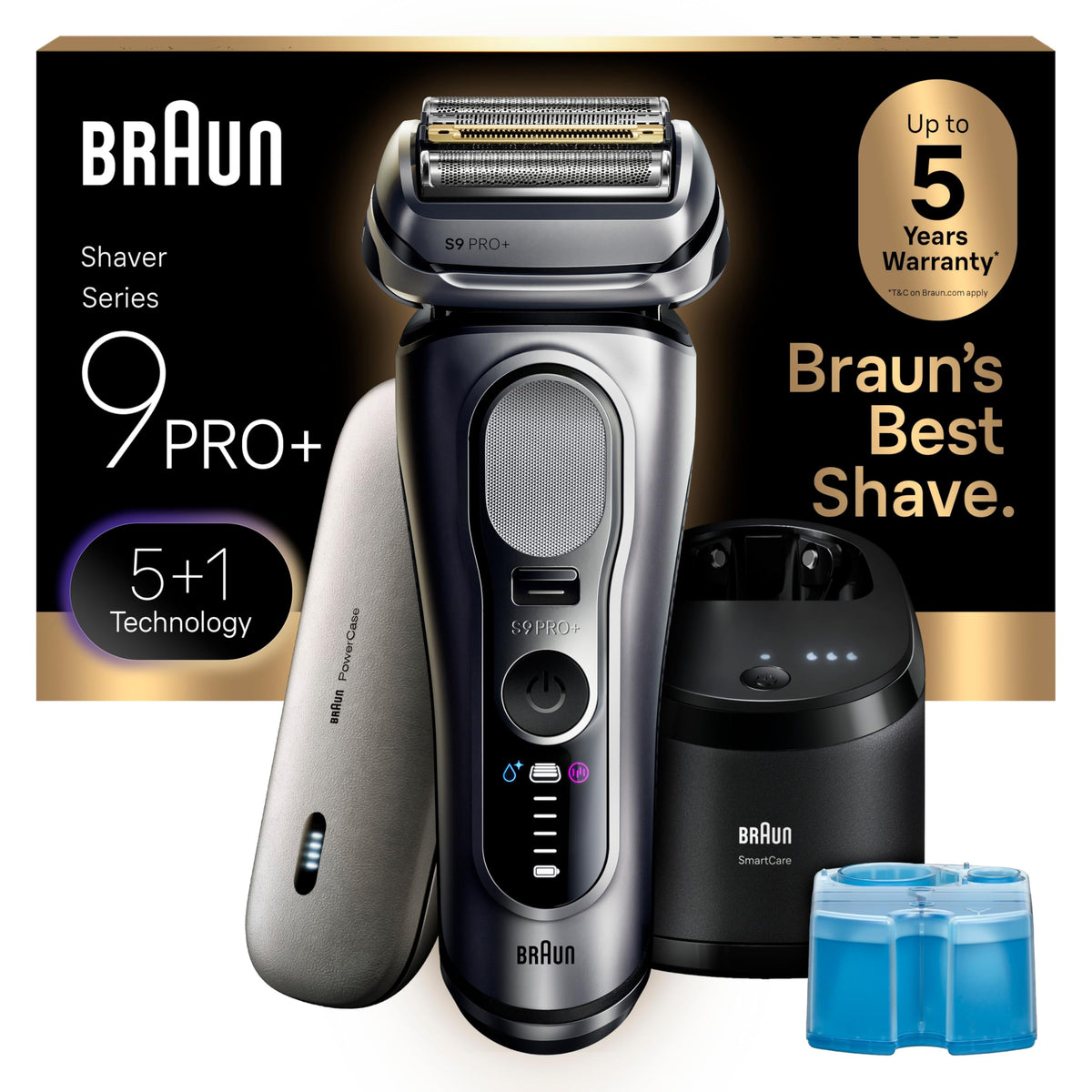 Braun Series 9 PRO+ electric shaver close-up showing precision blades for a precise shave.