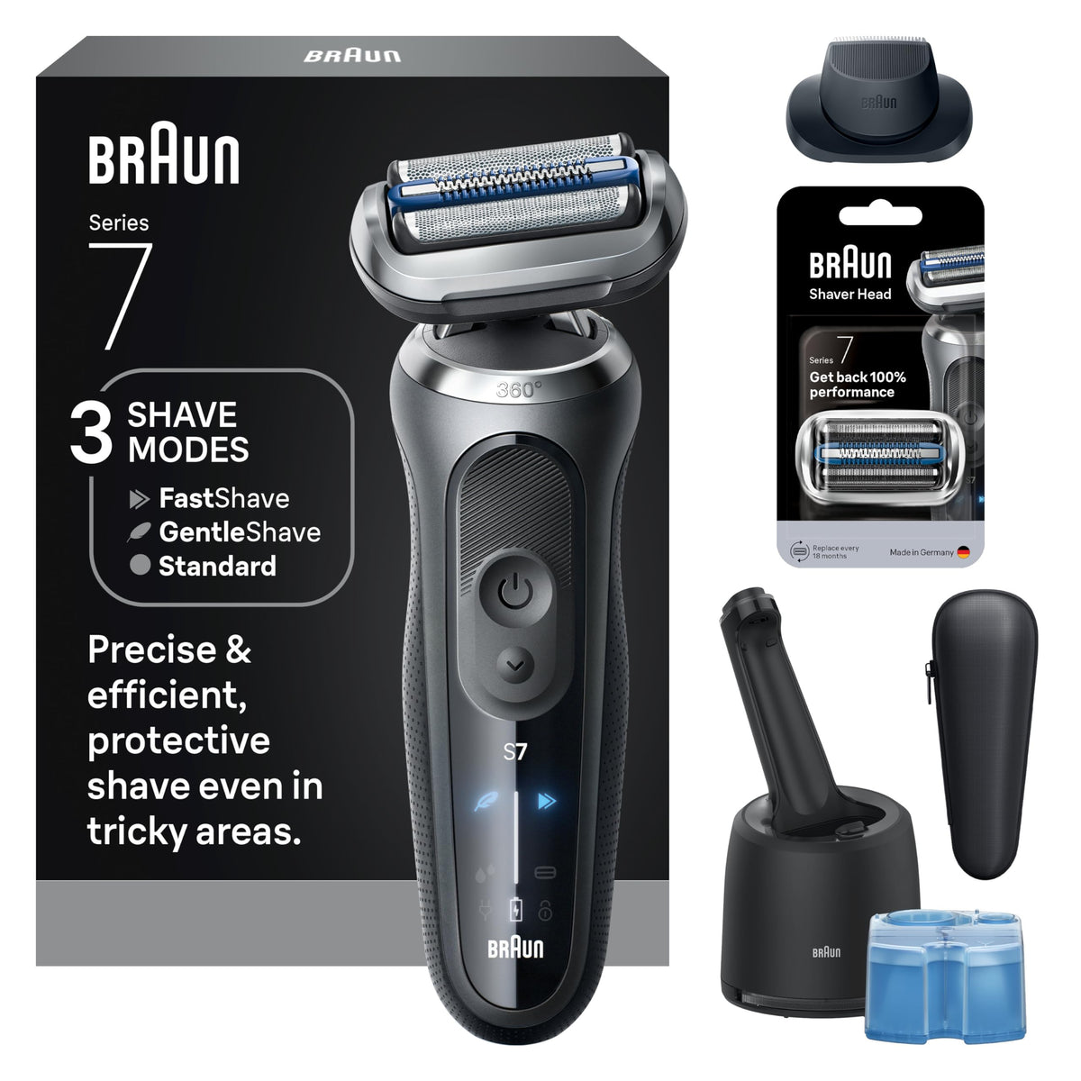 Braun Series 7 360 ContourFlex head for precise shaping around facial contours.
