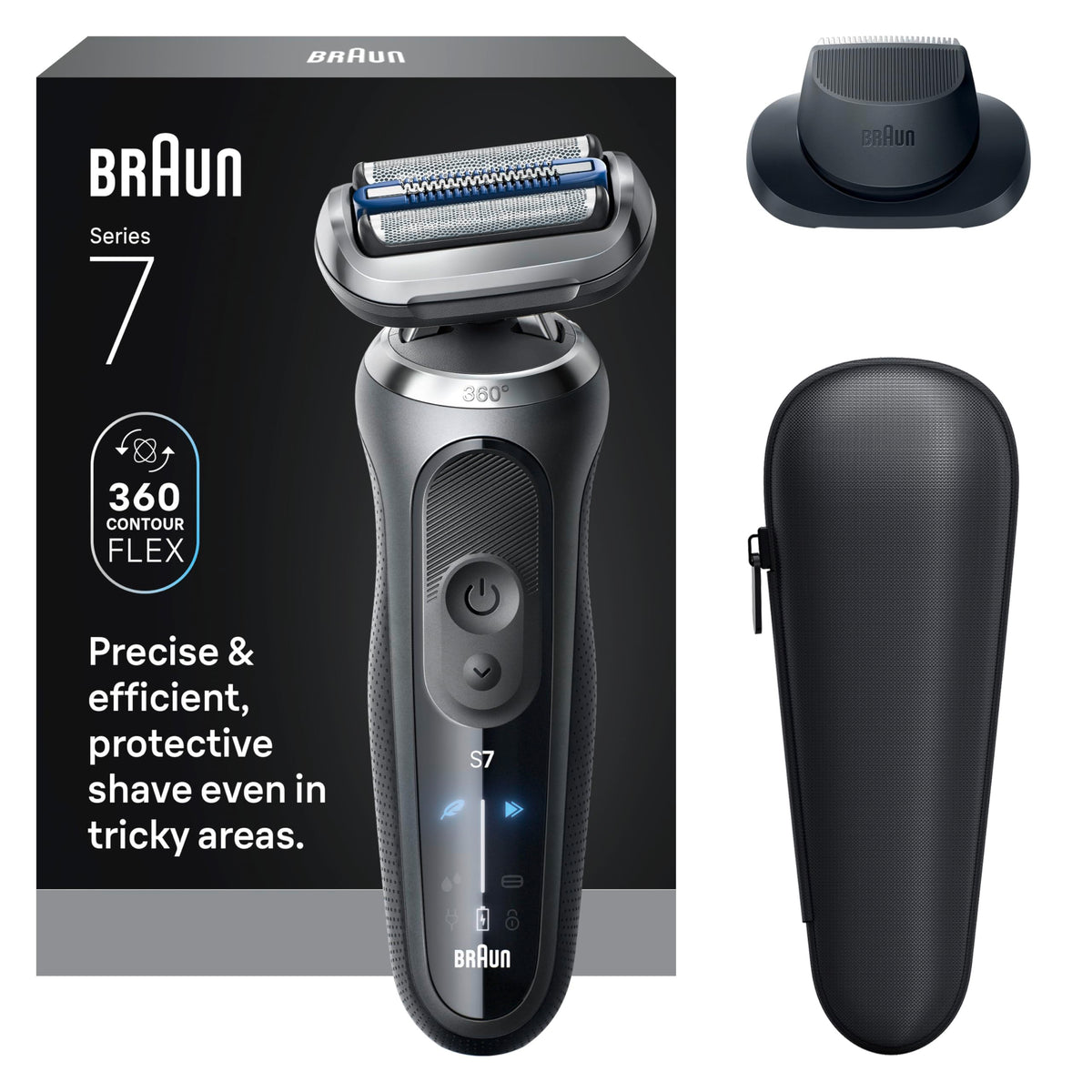 Braun Series 7 7120s close shave with 360° Flex Head gliding along the jawline.