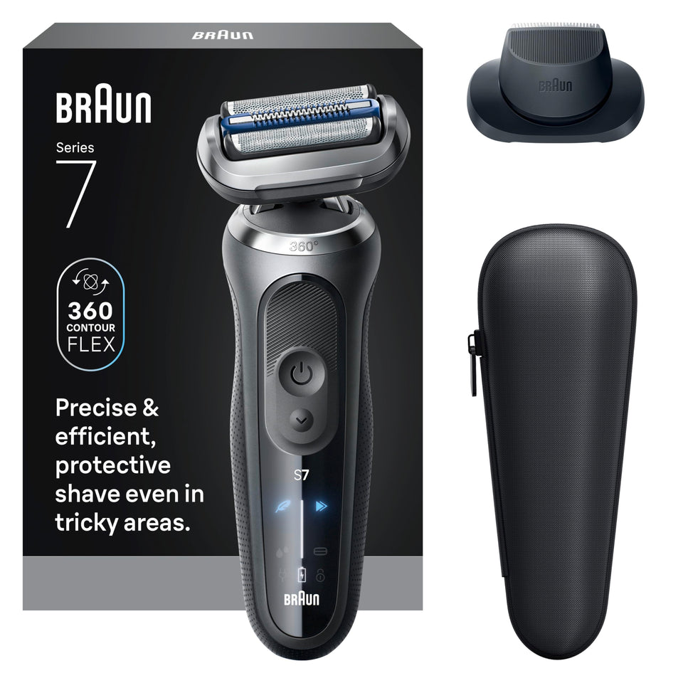 Braun Series 7 7120s close shave with 360° Flex Head gliding along the jawline.