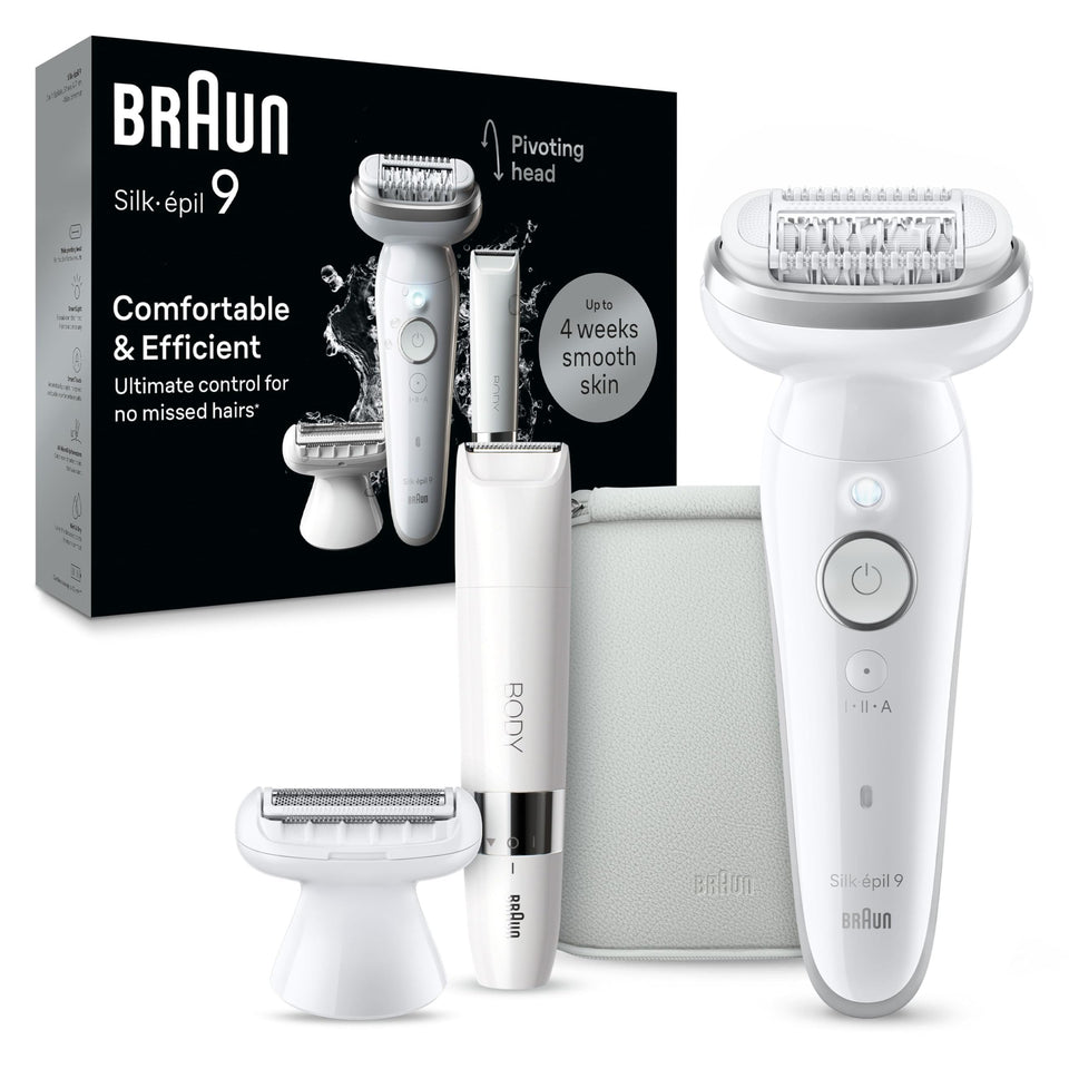 Braun Silk-épil 9 pivoting head epilator for smooth skin contours.