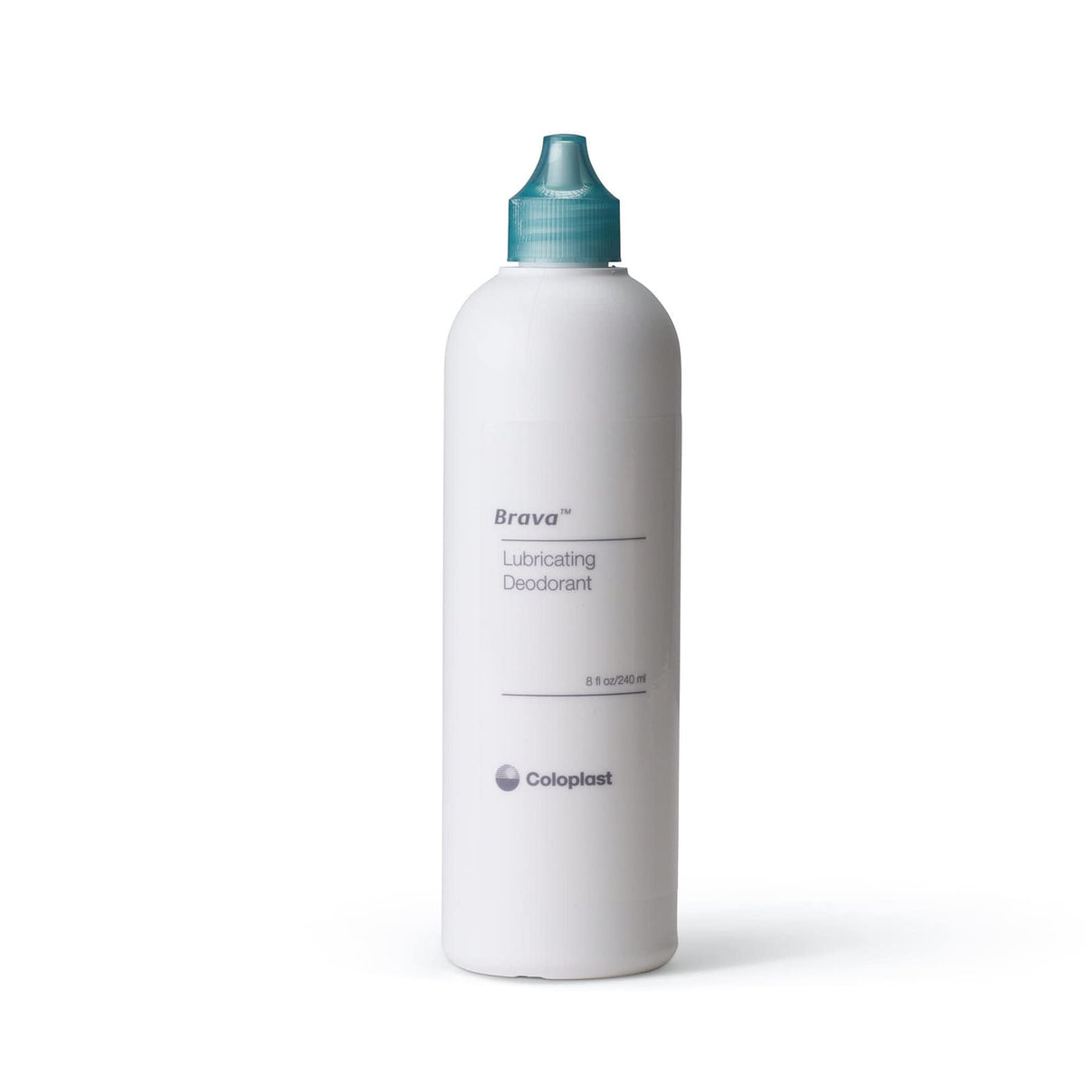 Coloplast Brava Deodorant Lubricating bottle shown for smooth pouch surface and easier emptying.
