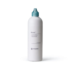 Coloplast Brava Deodorant Lubricating bottle shown for smooth pouch surface and easier emptying.