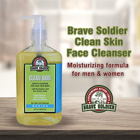 Brave Soldier Clean Skin Cleanser hand application showing versatile cleansing use.