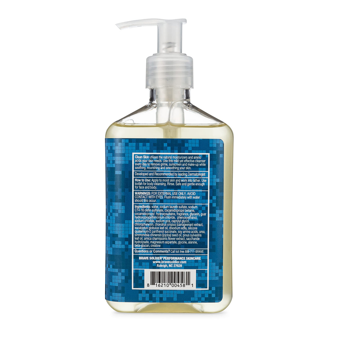 Brave Soldier Clean Skin Cleanser label close-up highlighting clean ingredients.