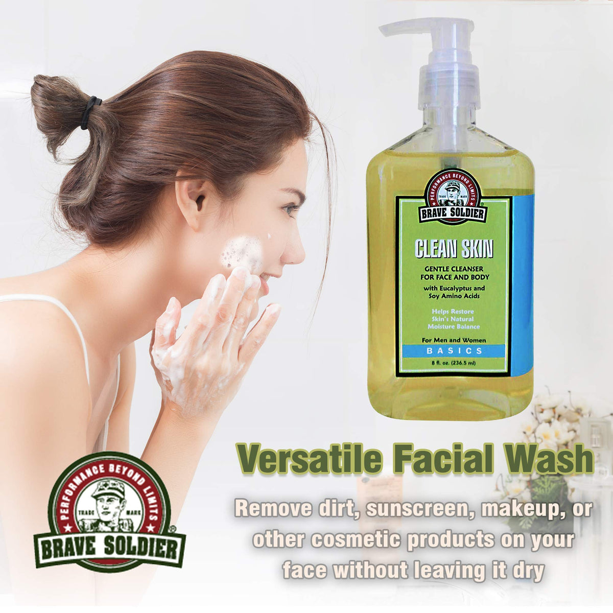 Brave Soldier Clean Skin Cleanser packaging emphasizing pump bottle convenience.