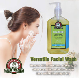 Brave Soldier Clean Skin Cleanser packaging emphasizing pump bottle convenience.