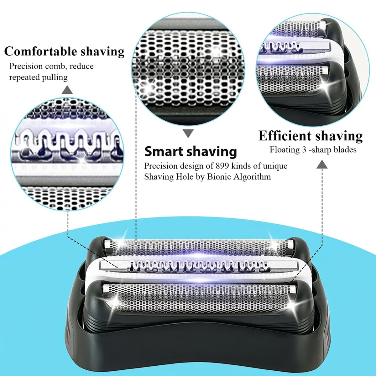 BRAVIKERLY Series 3 head side view shows durable stainless steel mesh.