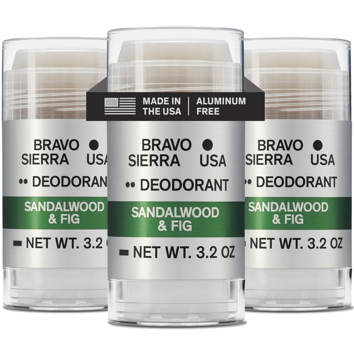 Bravo Sierra aluminum-free deodorant bottle with sandalwood and fig scent for all-day freshness