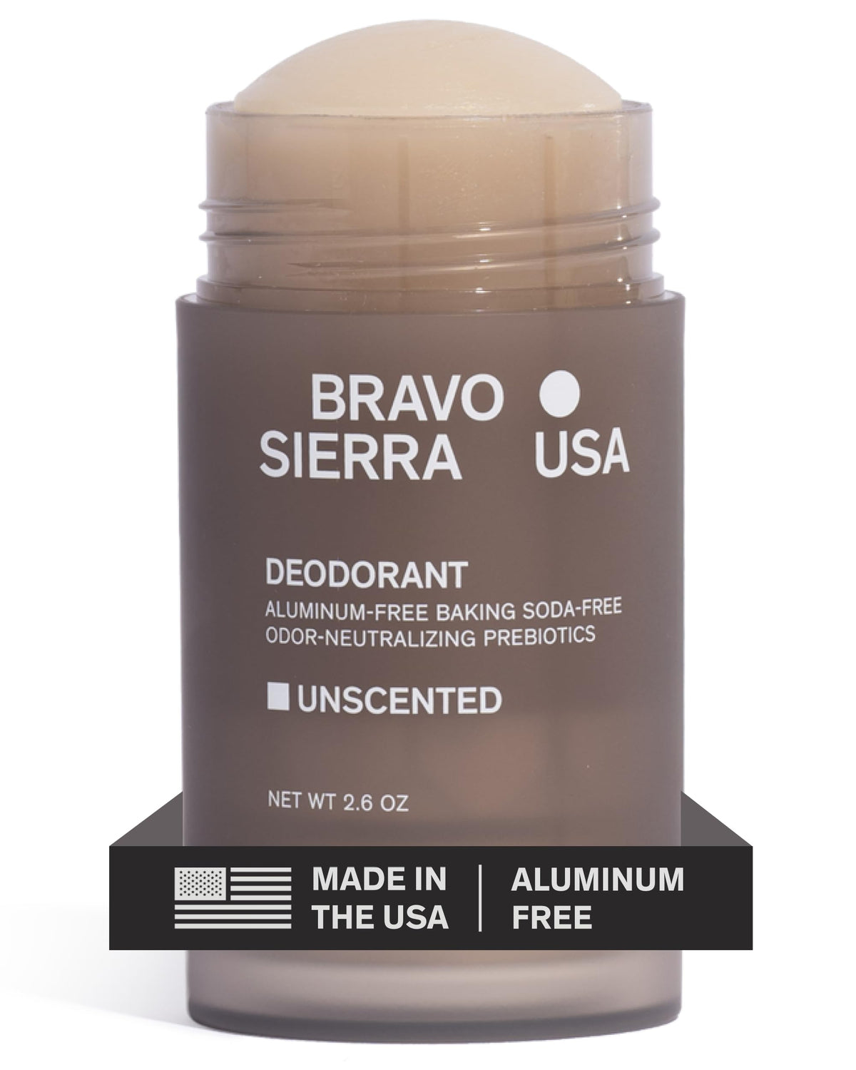 Bravo Sierra aluminum-free deodorant unscented packaging for everyday odor protection.