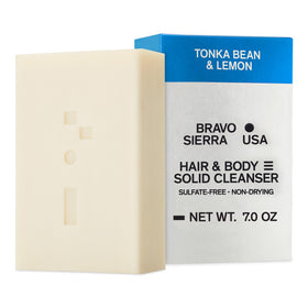 Bravo Sierra body-hair all-in-one soap bar tonka bean lemon for a refreshing shower.