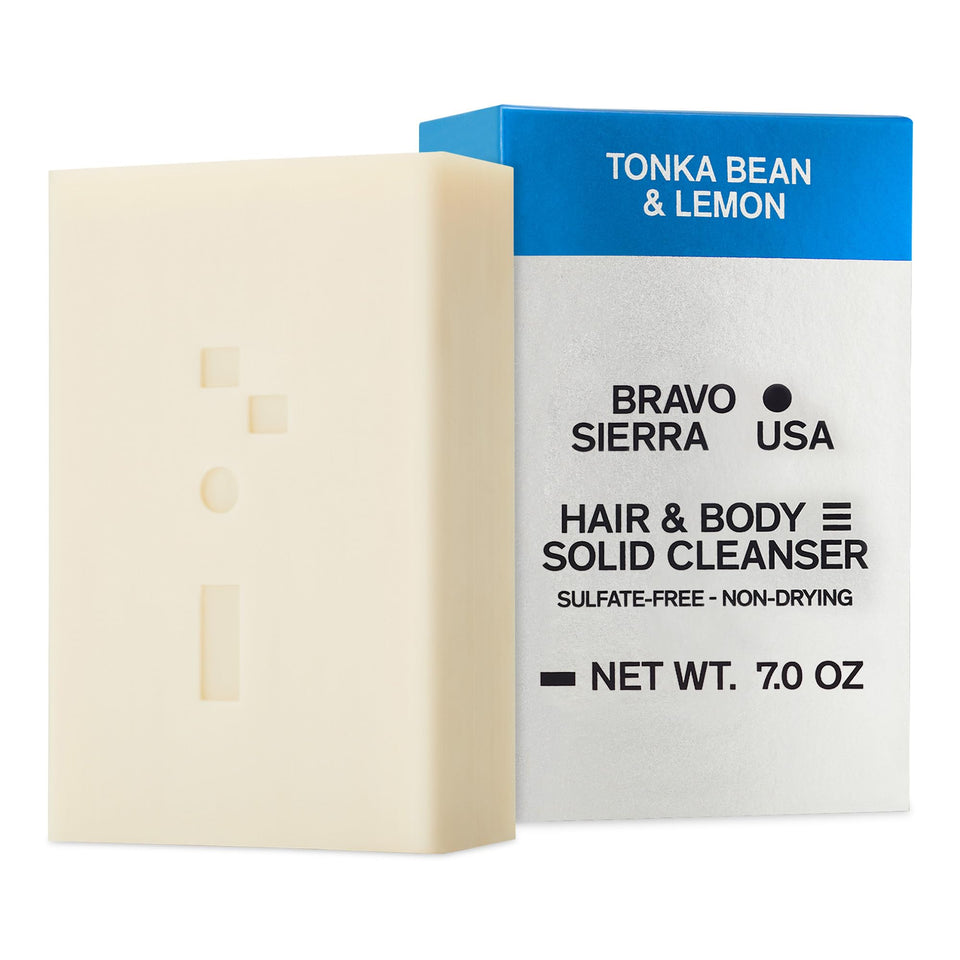 Bravo Sierra body-hair all-in-one soap bar tonka bean lemon for a refreshing shower.
