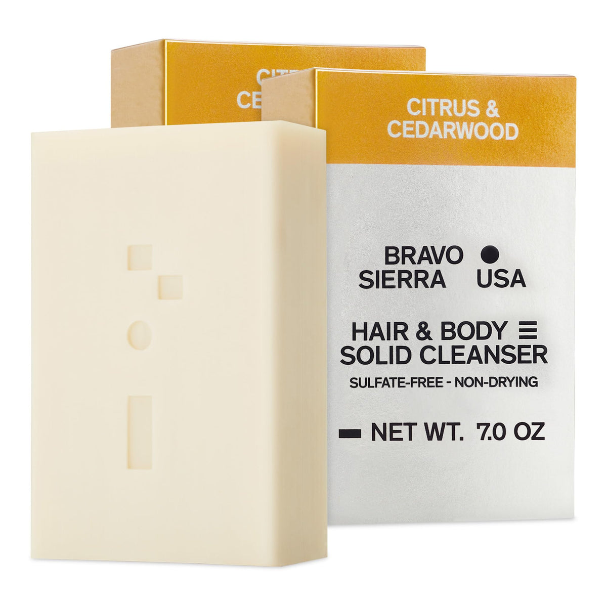 Bravo Sierra Citrus & Cedarwood solid cleanser bar for a refreshing, all-in-one cleanse.
