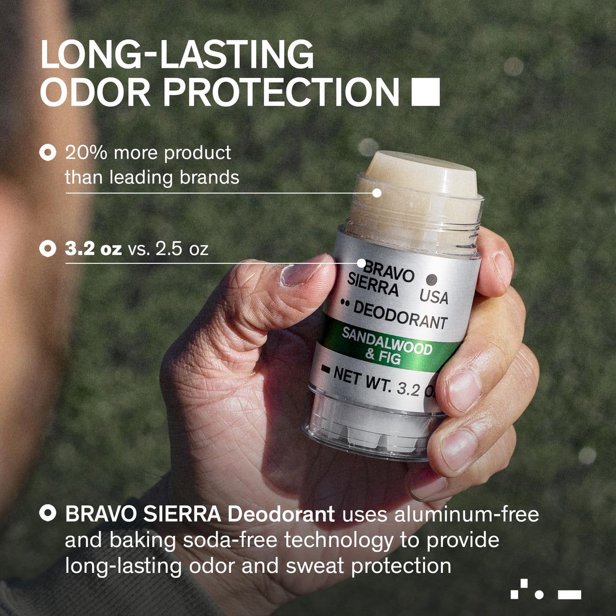 Three-pack Bravo Sierra deodorant packaging highlighting long-lasting protection
