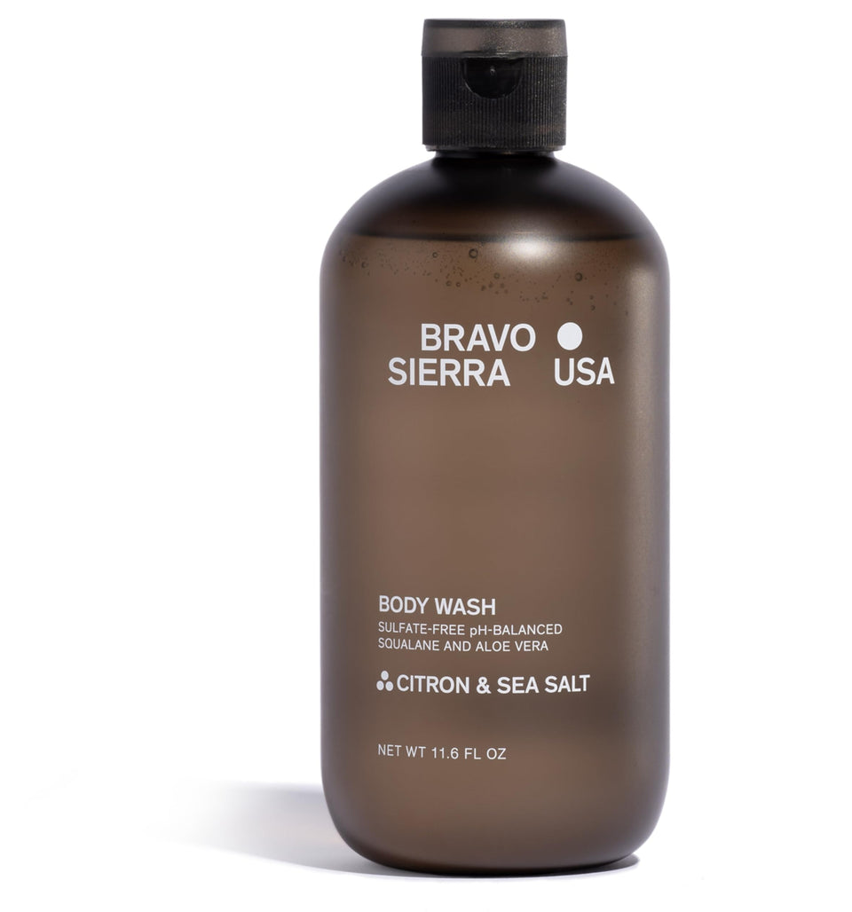 Bravo Sierra body wash bottle with citron and sea salt for refreshing skin cleansing
