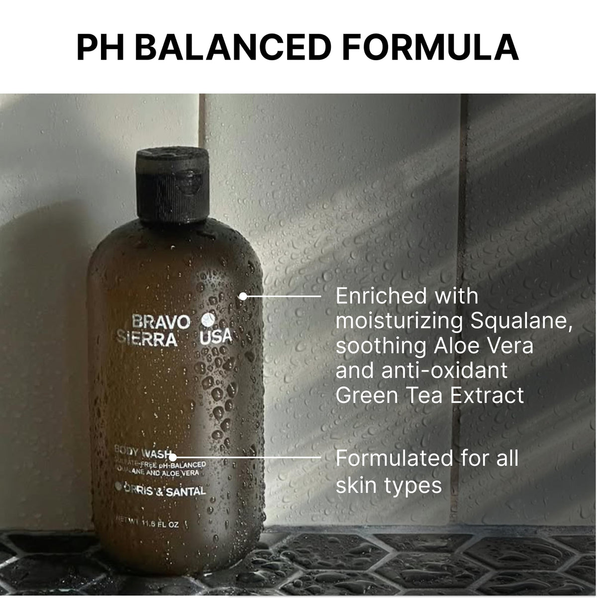 Illustration of squalane, aloe vera, and green tea in Bravo Sierra formula