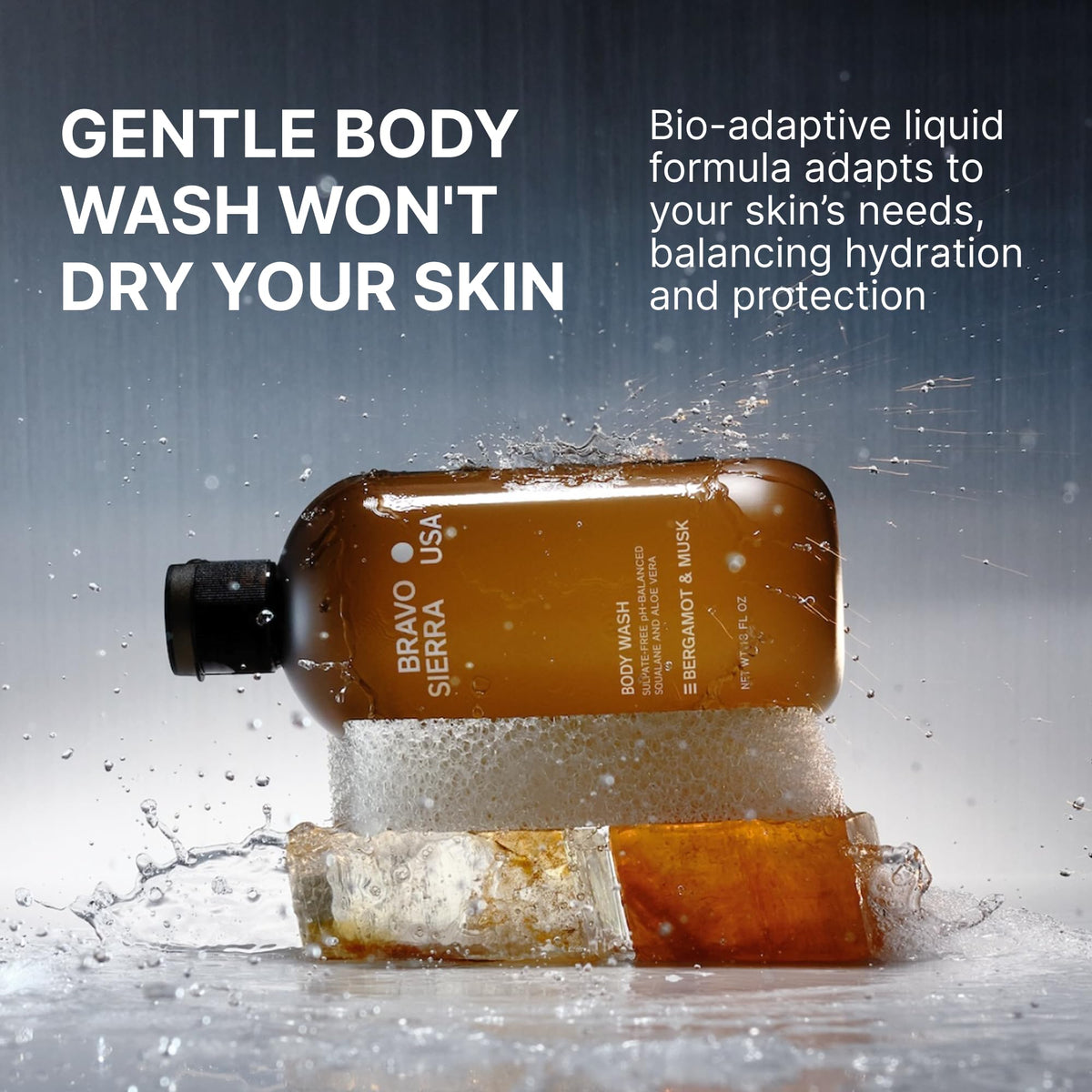 Closeup of pump dispensing rich foam on hydrated skin in a shower