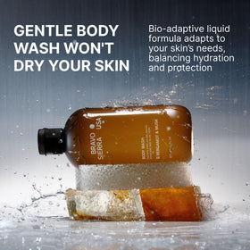 Closeup of pump dispensing rich foam on hydrated skin in a shower