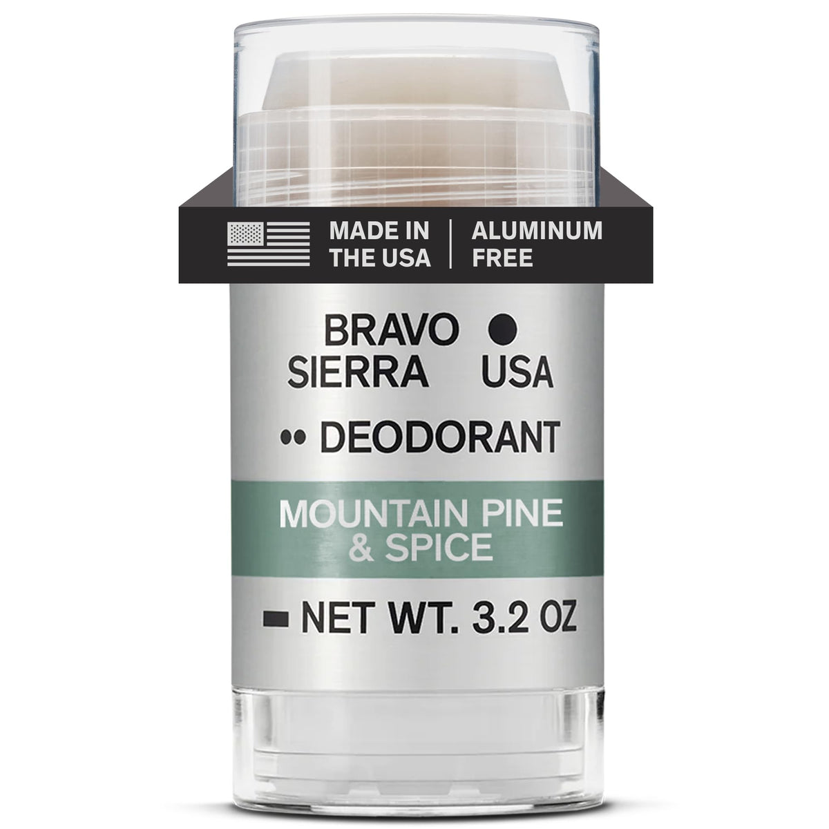 Bravo Sierra Mountain Pine & Spice deodorant bottle for all-day protection.