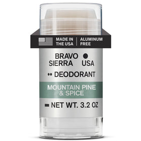 Bravo Sierra Mountain Pine & Spice deodorant bottle for all-day protection.