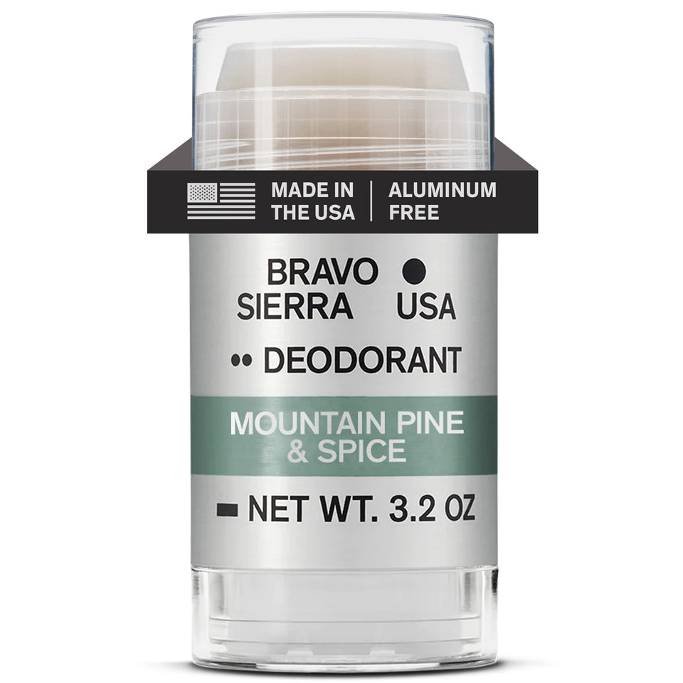 Bravo Sierra Mountain Pine & Spice deodorant bottle for all-day protection.