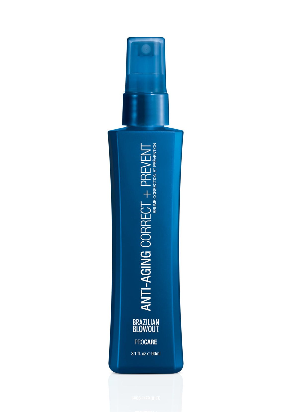 Brazilian Blowout Anti-Aging Correct and Prevent spray bottle on vanity smoothing hair