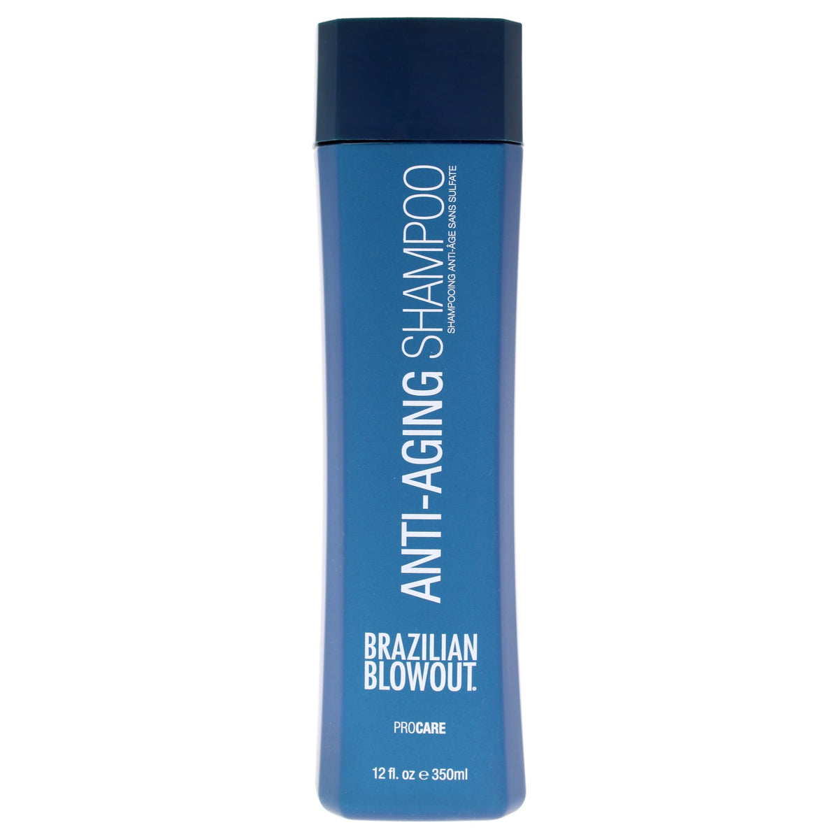 Brazilian Blowout Anti-Aging Shampoo bottle close-up highlighting sulfate-free formula for cleaner, more vibrant hair