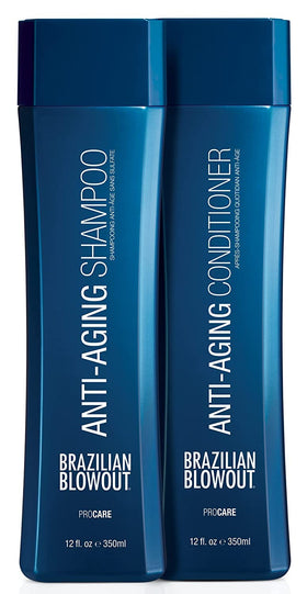Brazilian Blowout Anti‑Aging Shampoo bottle shows purifying formula for rejuvenated strands