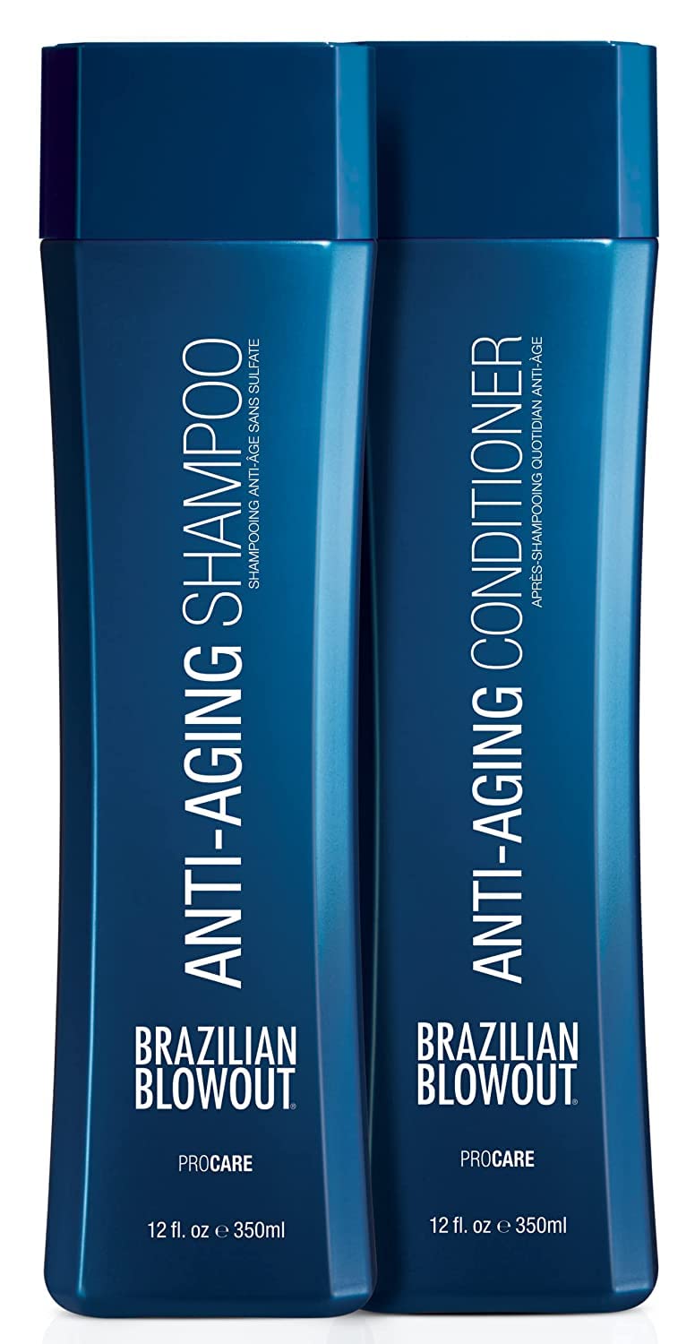 Brazilian Blowout Anti‑Aging Shampoo bottle shows purifying formula for rejuvenated strands