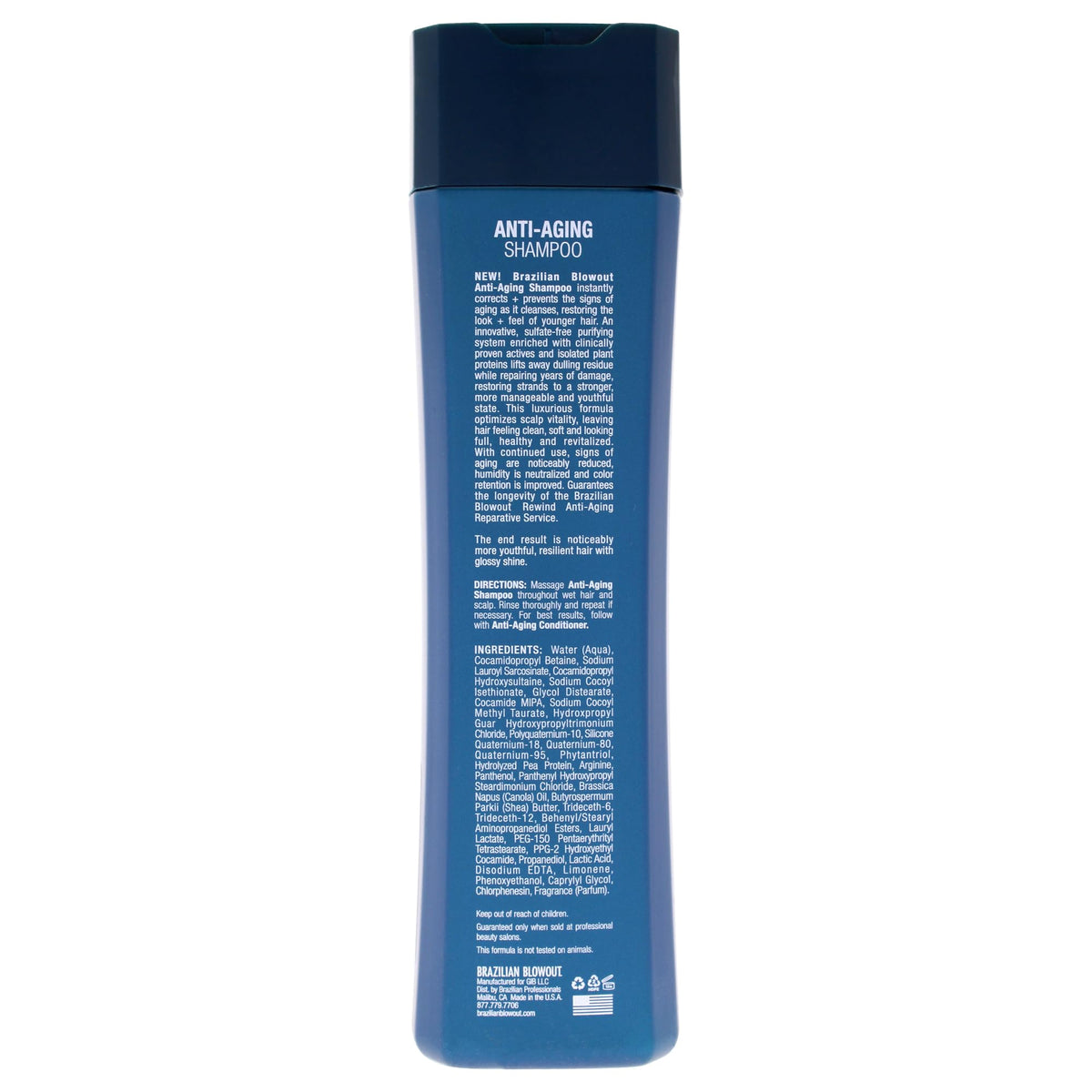 Brazilian Blowout Anti-Aging Shampoo bottle and glossy hair vibe, showcasing rejuvenated look and healthy shine