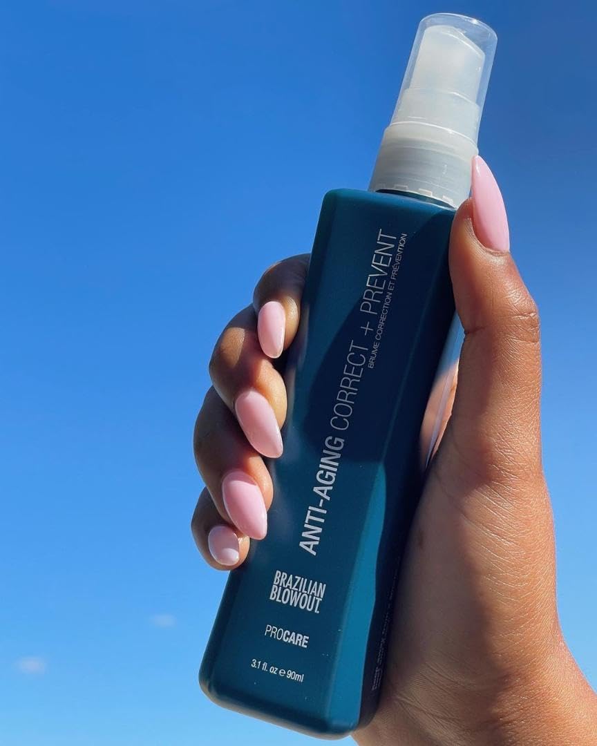 Brazilian Blowout Anti-Aging Correct and Prevent bottle beside styling tools, suggesting youthful shine