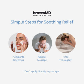 BrazzoMD Stye Relief Foaming Cleanser arnica extract highlights refreshing feel.