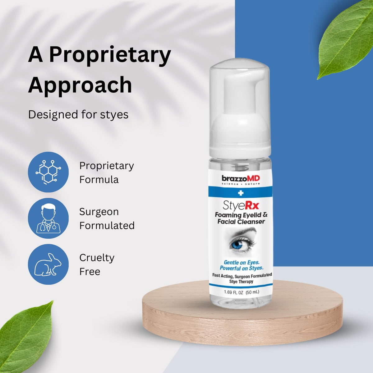 BrazzoMD Stye Relief Foaming Cleanser foam close-up shows easy pump use.