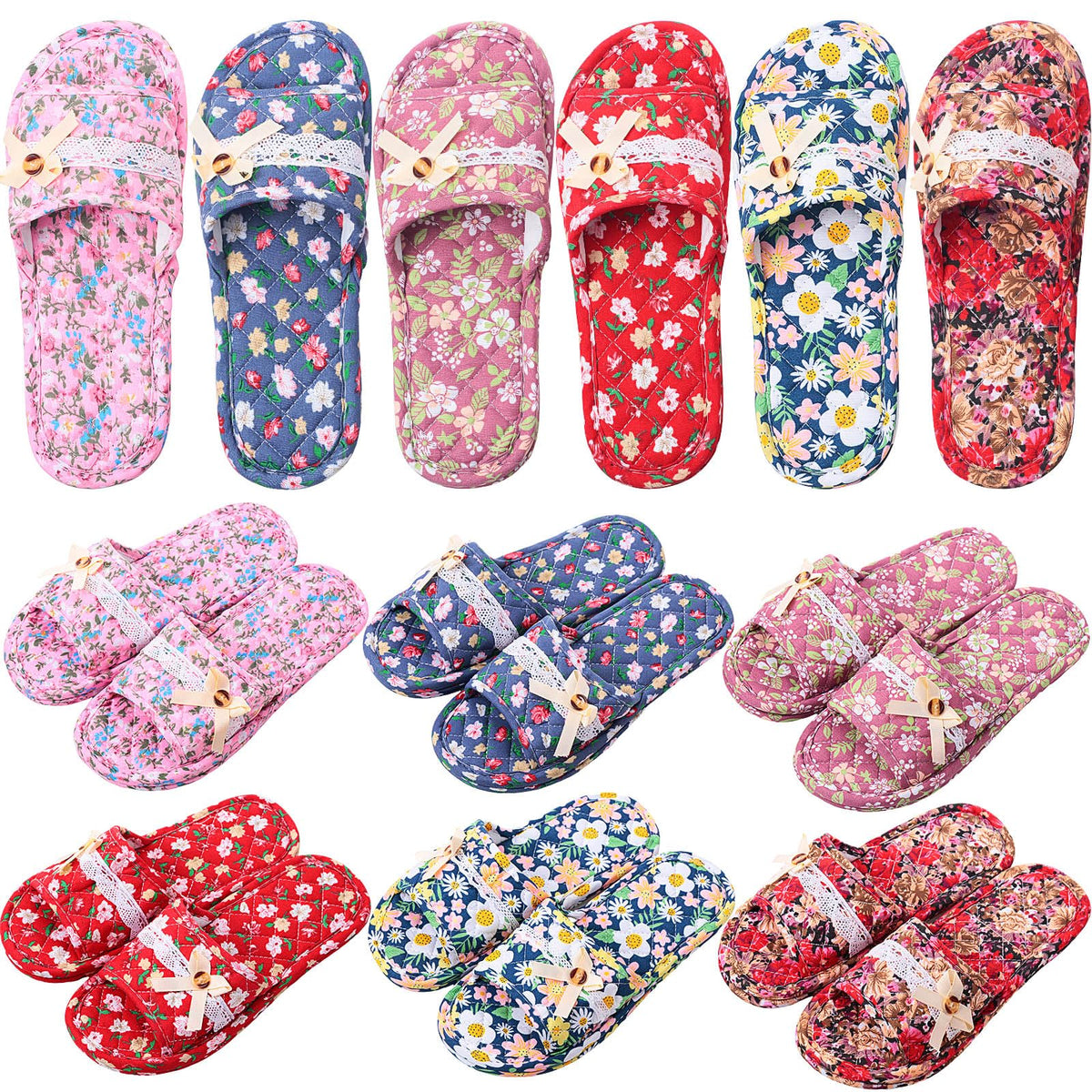 Breathffy floral cotton slippers for women, six-pair pack, comfortable home wear.