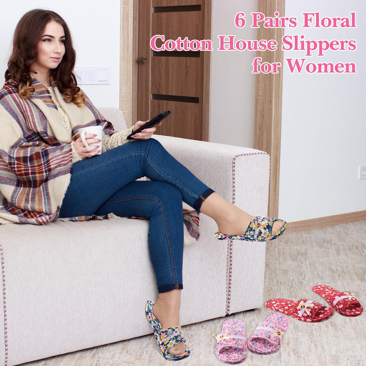 Breathffy open-toe indoor slippers with floral design for stylish lounging at home.