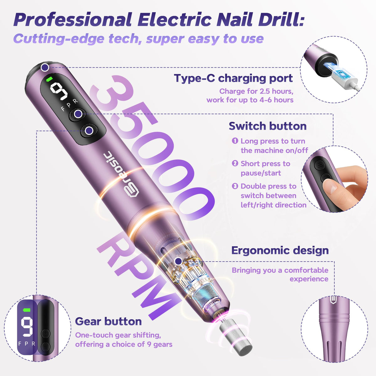 Breosic 12-in-1 kit in purple case for filing, polishing, and shaping nails