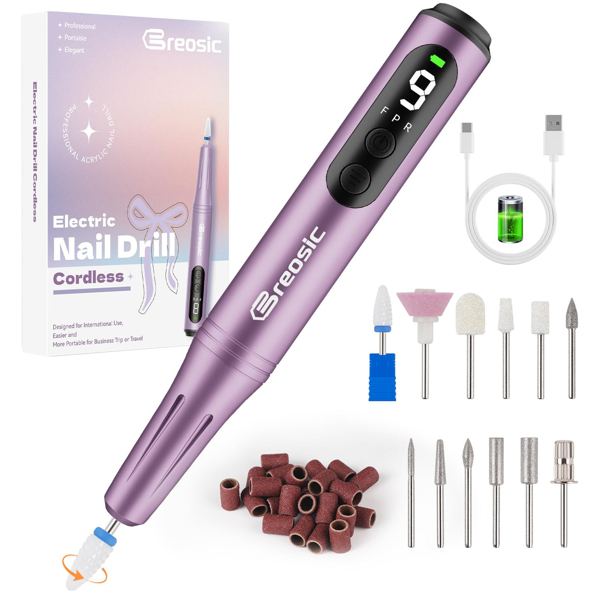 Breosic electric nail drill front view showing compact design and purple finish for precise shaping