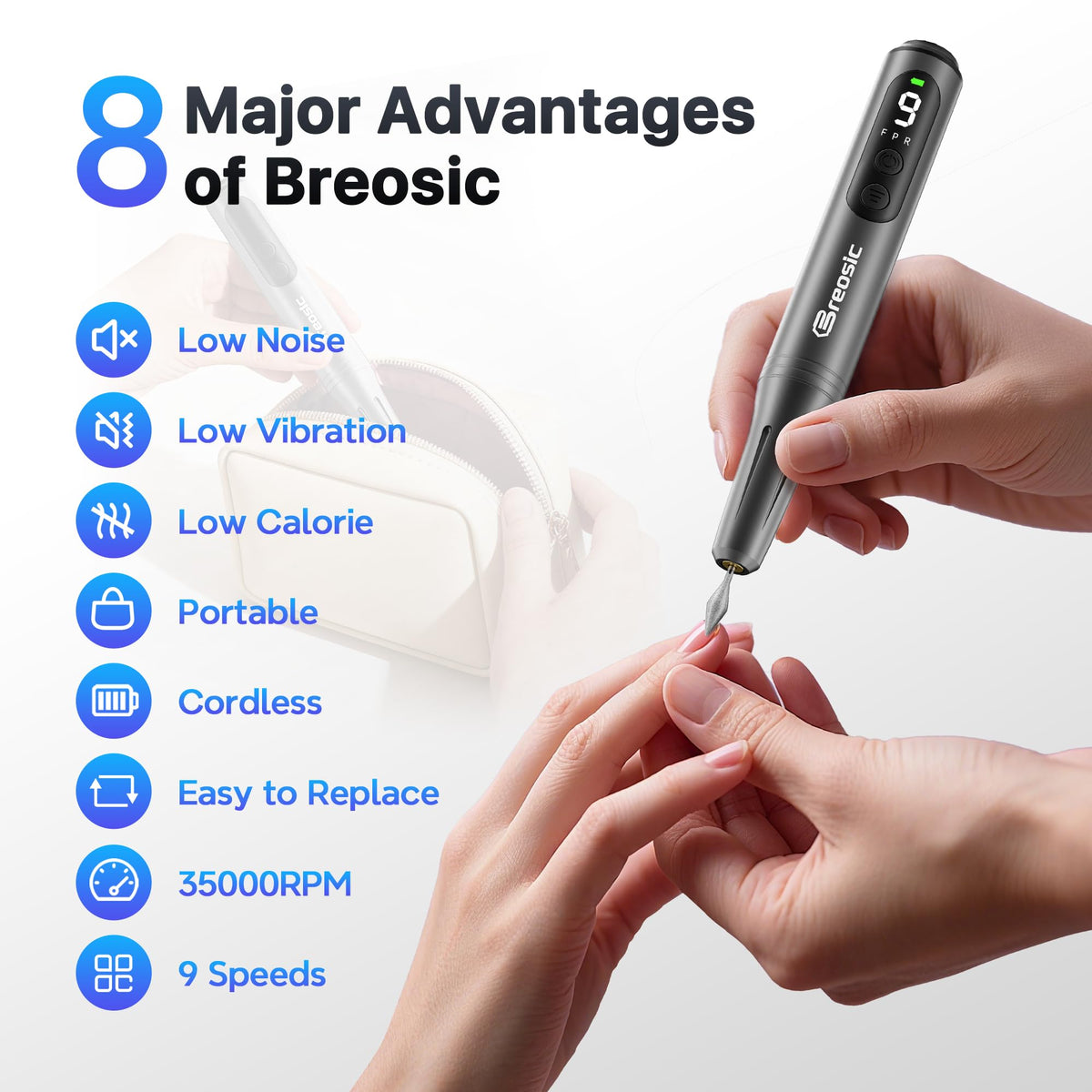 Breosic 9‑speed nail drill in gray enables customizable filing for nails.