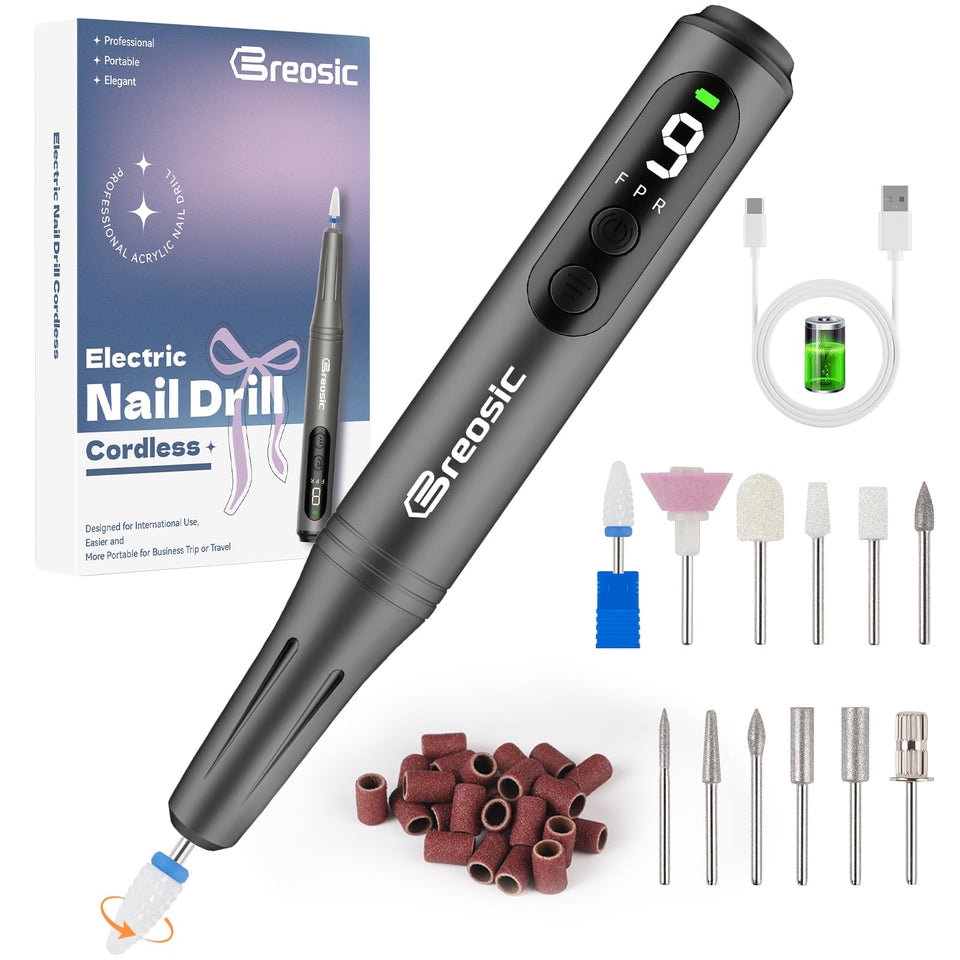 Breosic electric nail drill front view in gray for precise manicure sessions.