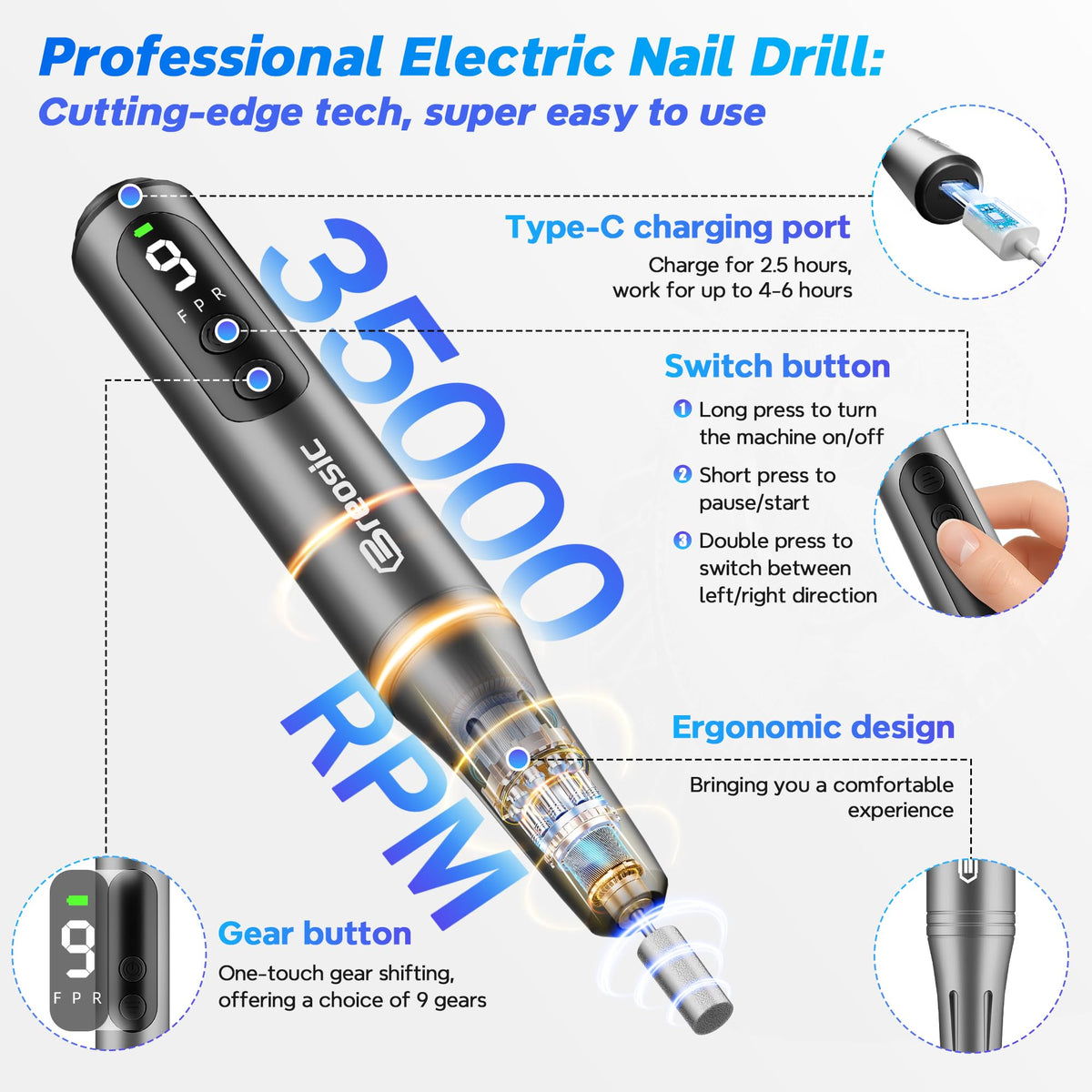 Breosic nail drill with LED display in gray shows speed and battery at a glance.